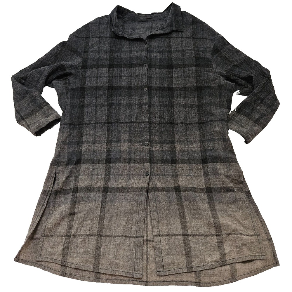 Annette Gortz Womens Sz S Grey‎ Taupe 100% Wool Ombre Plaid Longline Tunic Shirt